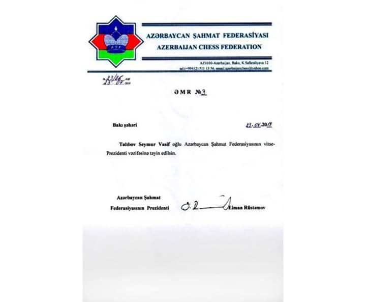 Naxçıvan Muxtar Respublikası Şahmat Federasiyasının sədri Seymur Talıbov Azərbaycan Respublikası Şahmat Federasiyasının vitse-prezidenti vəzifəsinə təyin edilib. Naxçıvan Muxtar Respublikası Şahmat Federasiyasının sədri Seymur Talıbov Azərbaycan Respublikası Şahmat Federasiyasının vitse-prezidenti vəzifəsinə təyin edilib.